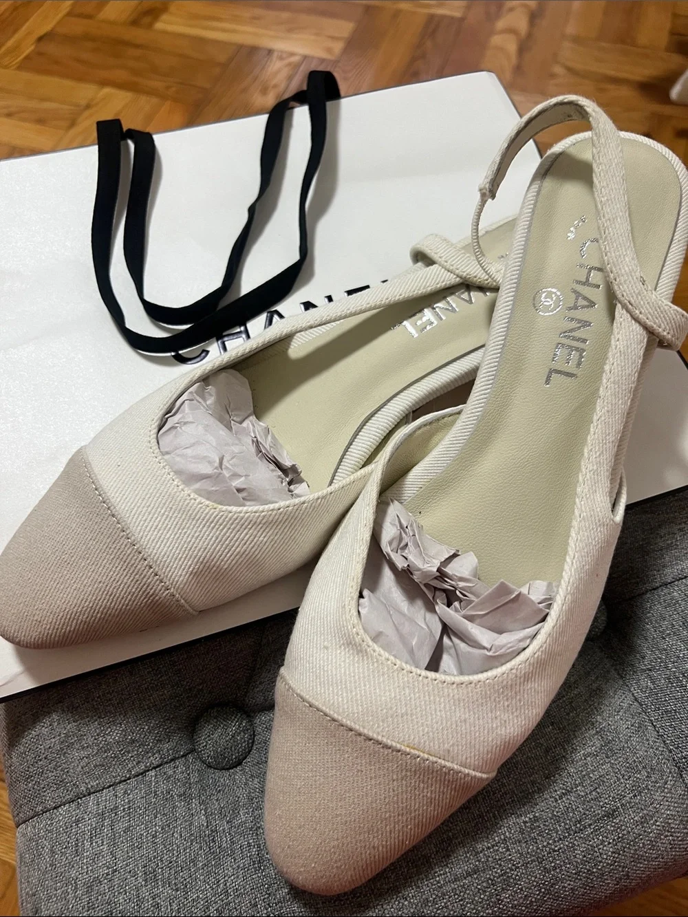 CHANEL Cream and Beige Canvas Slingback